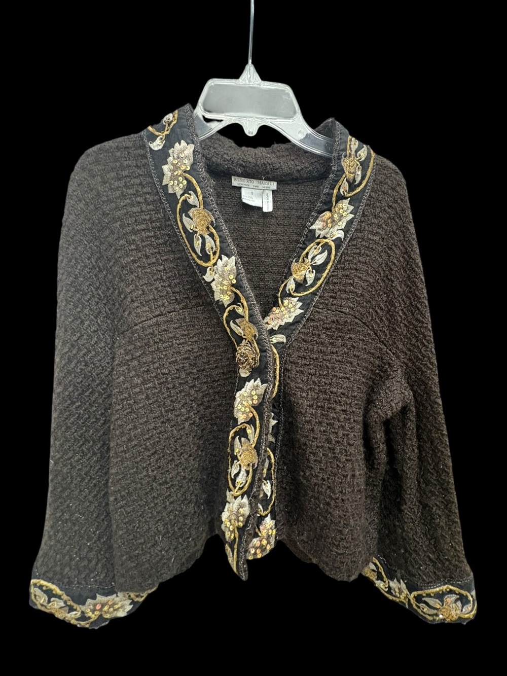 Alberto Makali Wool Blend Embroidered Beaded Cardigan Brown Size S